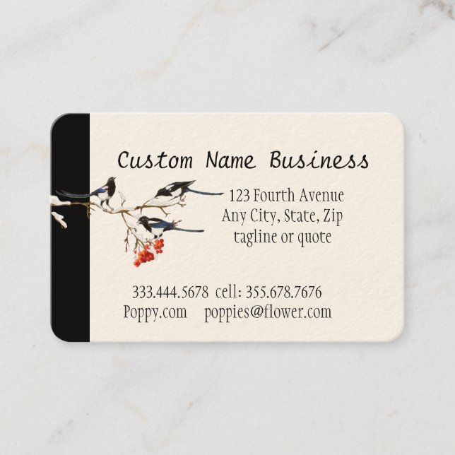Custom Watercolor Magpie Garden Birds Art Business Card (Front)