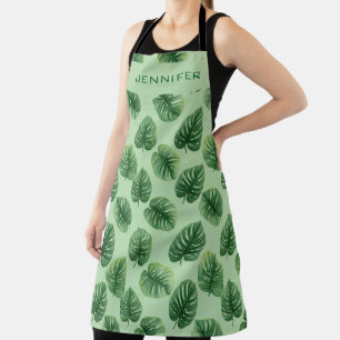 Custom Watercolor Monstera Leaf Pattern Name Apron