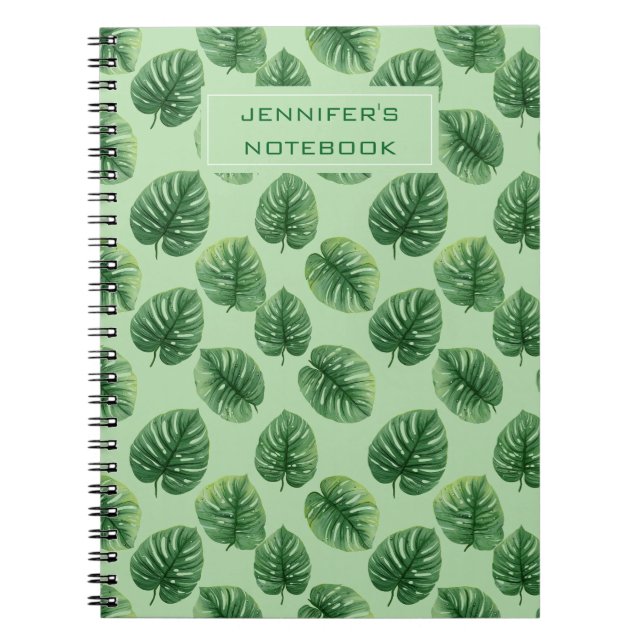 Custom Watercolor Monstera Leaf Pattern Name Notebook (Front)