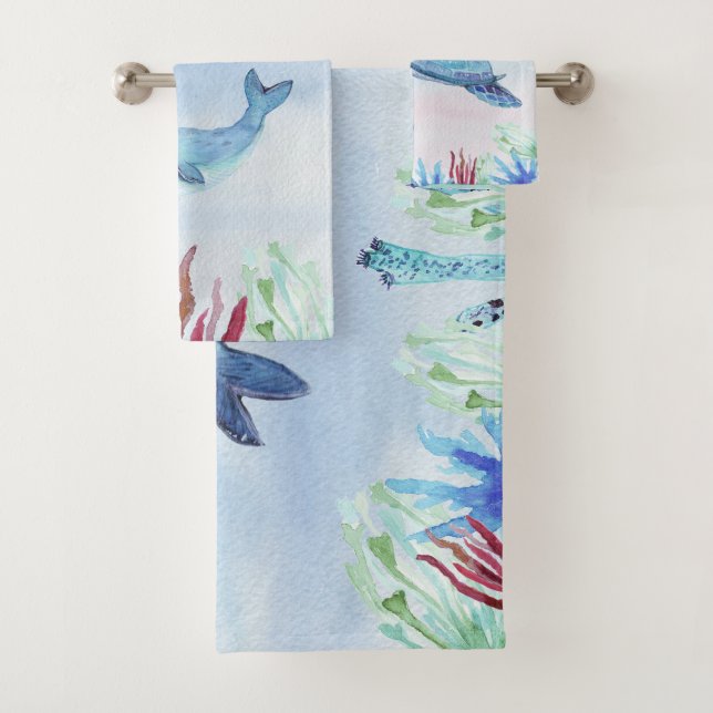 Custom Watercolor Ocean Animal Bath Towel Set (Insitu)