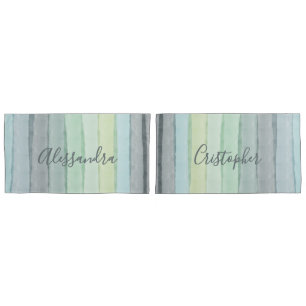 Custom Watercolor Pastel Retro Stripes Blue Green  Pillowcase