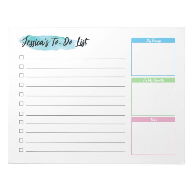 Custom Watercolor Personalised To do list  Notepad (Front)