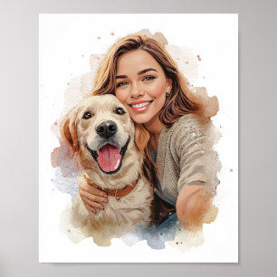 Custom Watercolor Pet & Owner Portrait from Photo Poster