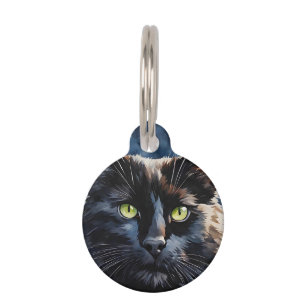 Custom Watercolor Portrait Black Cat Green Eyes Pet Tag
