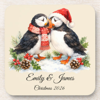 Custom Watercolor Puffin Couple Christmas Set of 6 Coaster