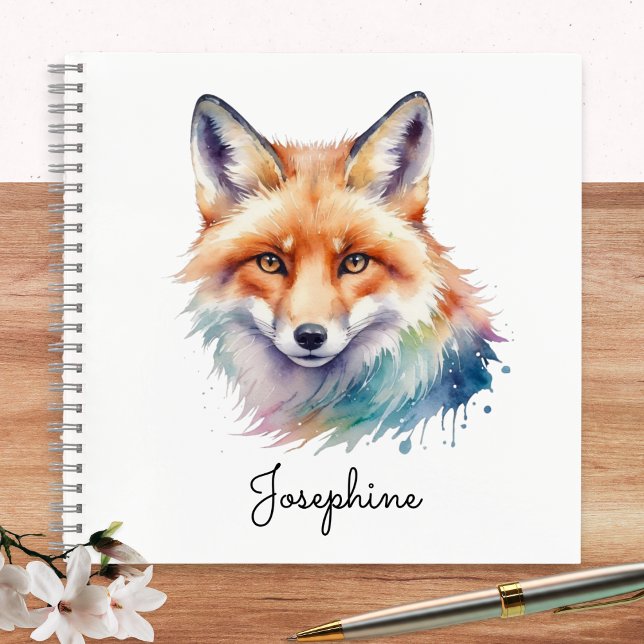 Custom Watercolor Red Fox Personalized Notebook (A personalized spiral-bound notebook, with cover illustration of a red fox in a watercolor style)