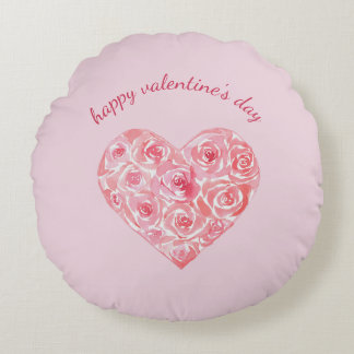Custom Watercolor Rose Heart Valentine's Day Round Cushion