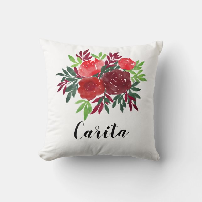 Custom Watercolor Roses Name Pillow (Front)