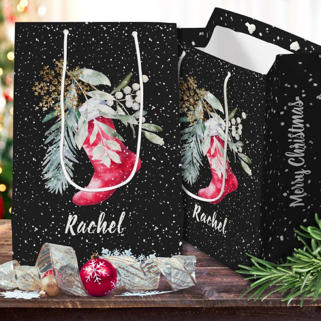 Custom Watercolor Script Elegant Stocking Christma Medium Gift Bag (Creator Uploaded)