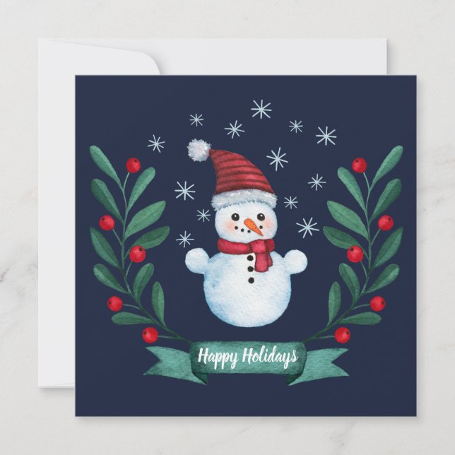 Custom Watercolor Snowman Christmas Card Navy Blue (Front)