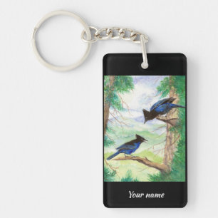 Custom Watercolor Stellar Jay Birds Forest Trees Key Ring