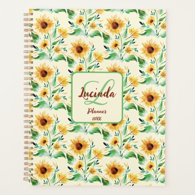 Custom Watercolor Sunflower Florals Design Planner (Front)