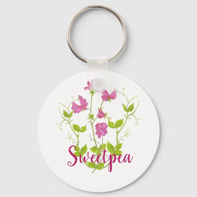 Custom Watercolor Sweet Pea, Garden Flower Key Ring (Front)