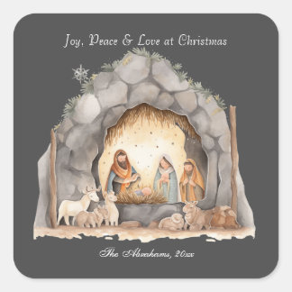 Custom Watercolor Vintage Christmas Nativity Scene Square Sticker
