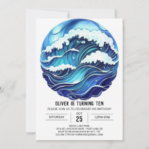  Custom Watercolor Waves Kids Birthday Invitation