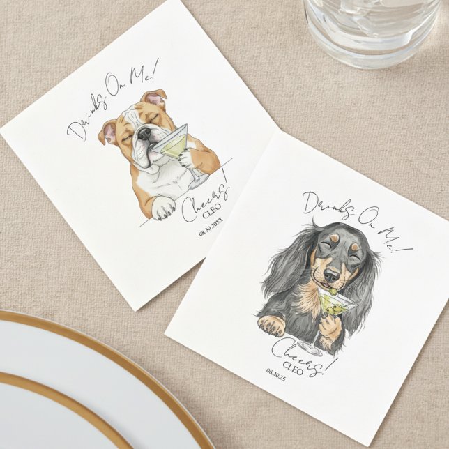 Custom Watercolor Wedding Dog Drinks On Me Napkin (Choose your dog's breed and personalize these Custom Watercolor Wedding Dog Drinks On Me Napkins!)
