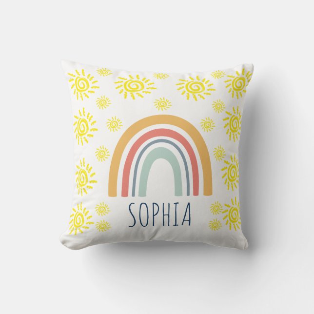 Custom Watercolor Whimsical Boho Rainbow and Sun  Cushion (Front)