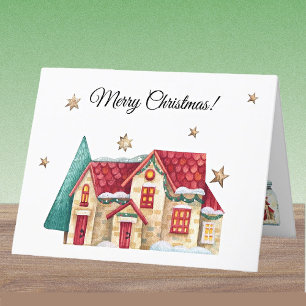Custom Watercolor Winter House Merry Christmas Holiday Card