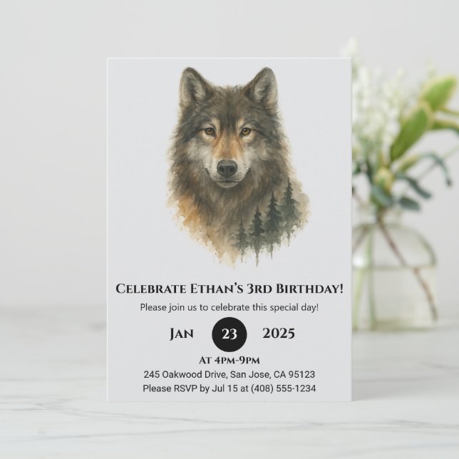 Custom Watercolor Wolf Birthday  Invitation (Standing Front)