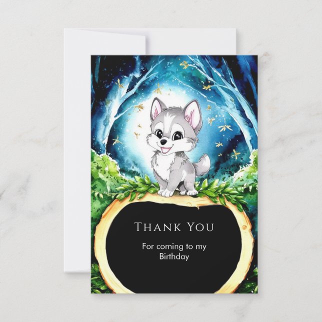 Custom Watercolor Wolf Birthday Thank You Card (Front)
