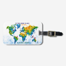Custom Watercolor World Map Luggage Tag Travel Gif