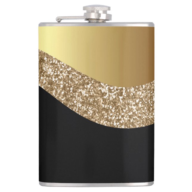 CUSTOM WAVE PATTERN BLACK GOLD STAINLESS STEEL  HIP FLASK (Front)