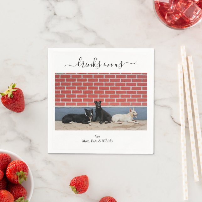 Custom Wedding 3 Dogs Drinks on Us Pet Fun Photo Napkin (Insitu)