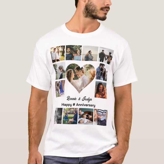 Custom Wedding Anniversary Heart 13 Photo Collage T-Shirt (Front)