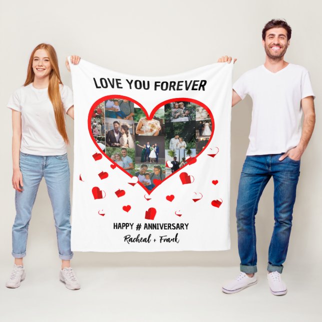 Custom Wedding Anniversary Heart Photo Collage Fleece Blanket (In Situ)