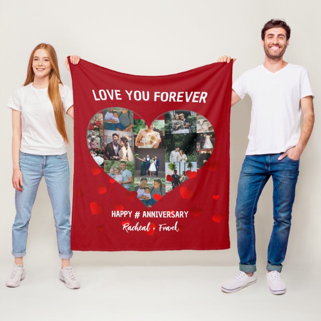 Custom Wedding Anniversary Heart Photo Collage Fleece Blanket (In Situ)
