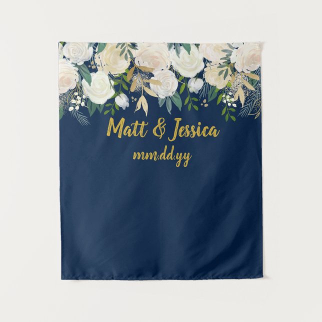 Custom Wedding Backdrop Photo Booth Navy Blue Gold Tapestry (Front)