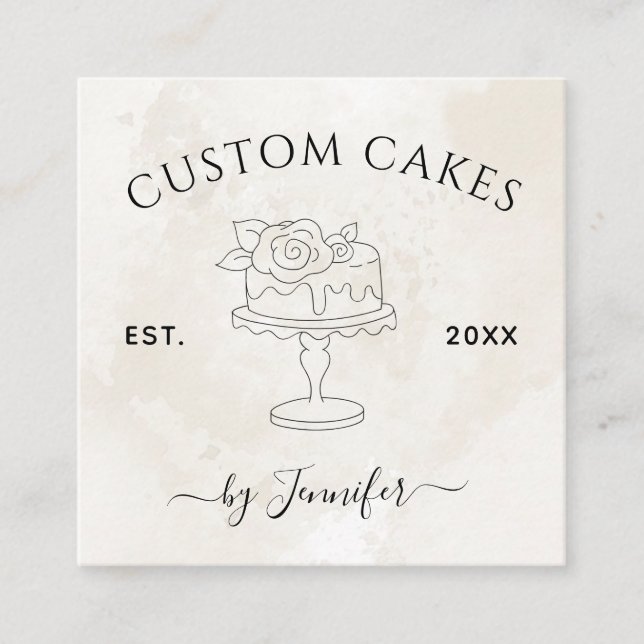 Custom Wedding & Birthday Cake Design Marble EST S Square Business Card (Front)