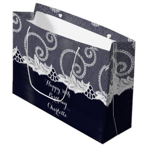 Custom Wedding Birthday Graphite White Lace Navy Large Gift Bag