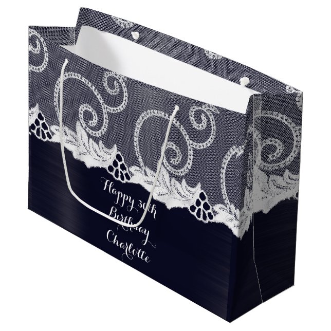 Custom Wedding Birthday Graphite White Lace Navy Large Gift Bag (Front Angled)