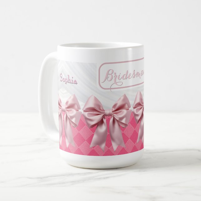Custom Wedding Bridesmaid Gift Pink Bow Coquette Coffee Mug (Front Left)