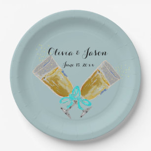 Custom Wedding Champagne Toast Teal Paper Plate