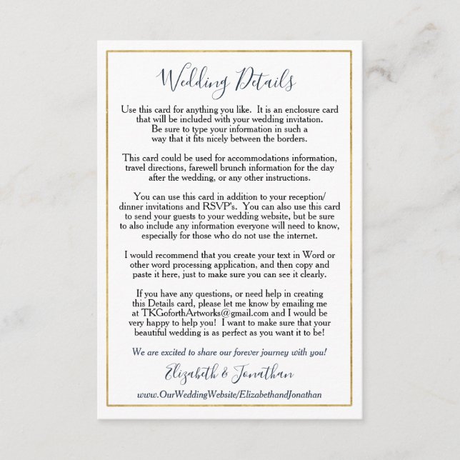 Custom Wedding Enclosure Elegant Navy Gold Card (Front)