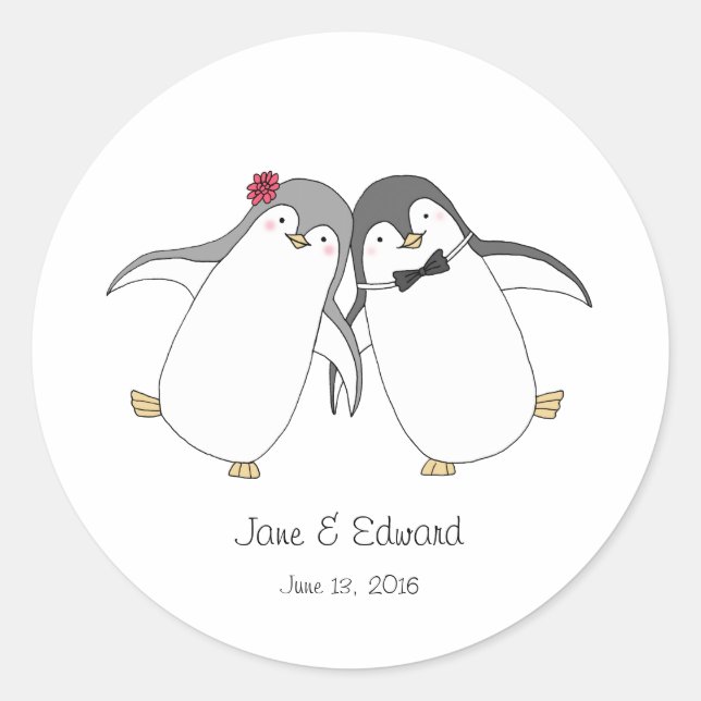 Custom Wedding Favour Sticker Cute Penguins Couple (Front)