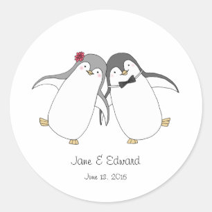 Custom Wedding Favour Sticker Cute Penguins Couple
