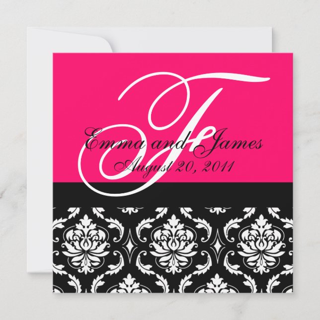 Custom Wedding Invitation Monogram Fushia Damask (Front)