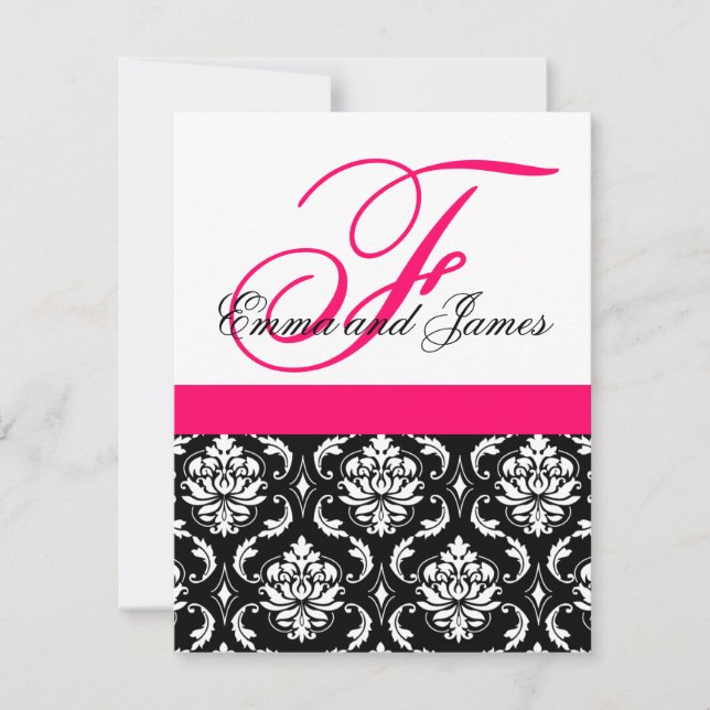 Custom Wedding Invitation Monogram Fushia Damask (Front)