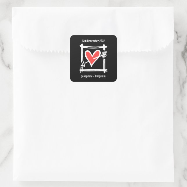 Custom Wedding Love Heart Black & Red Square Sticker (Bag)