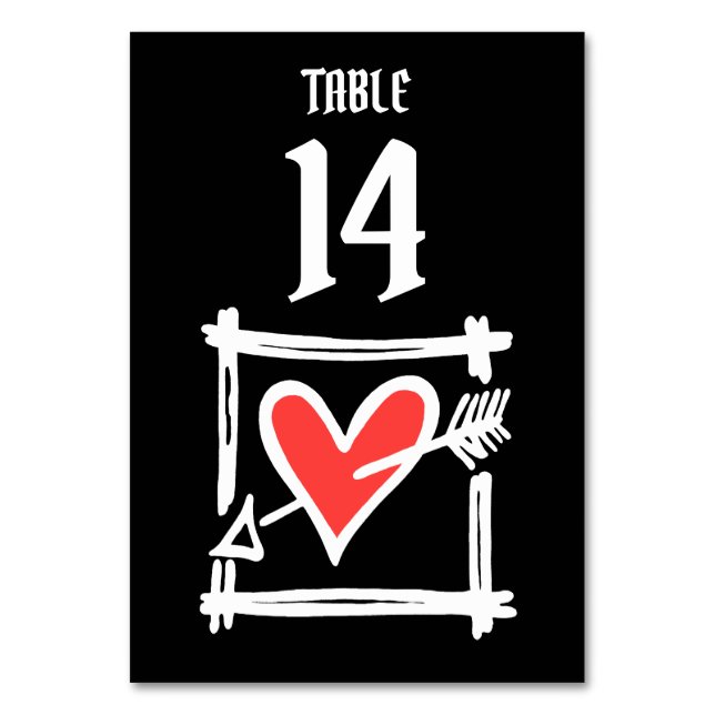 Custom Wedding Love Heart Black & Red Table Number (Front)