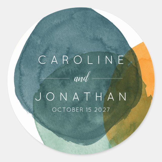 Custom Wedding Modern Elegant Watercolor Green Classic Round Sticker (Front)