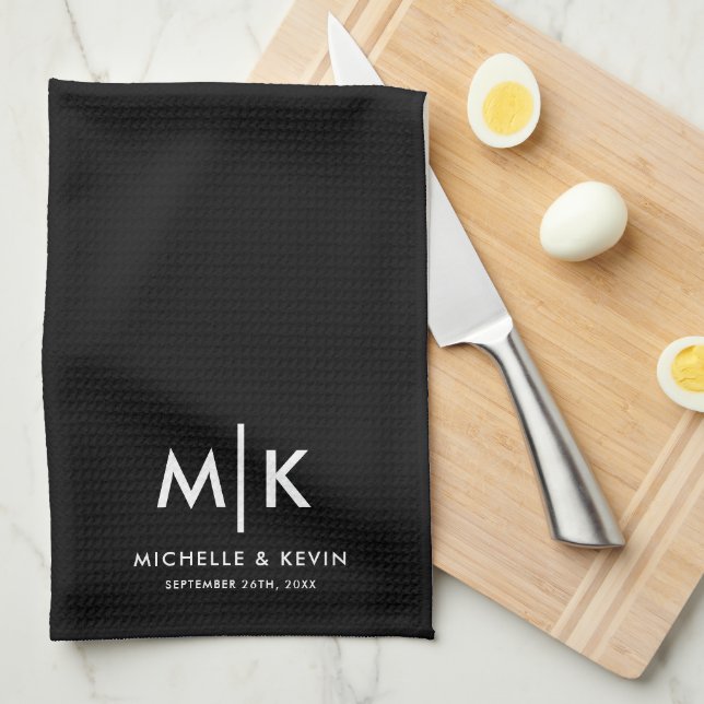 Custom Wedding Modern Monogram Initials Black Tea Towel (Quarter Fold)