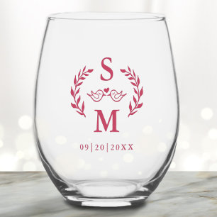 Custom Wedding Modern Monogram Wreath Magenta Red Stemless Wine Glass