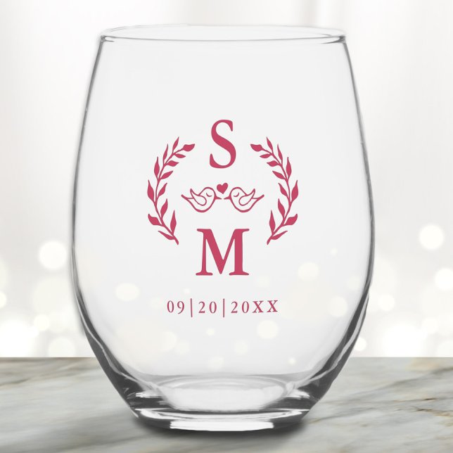 Custom Wedding Modern Monogram Wreath Magenta Red Stemless Wine Glass (Creator Uploaded)