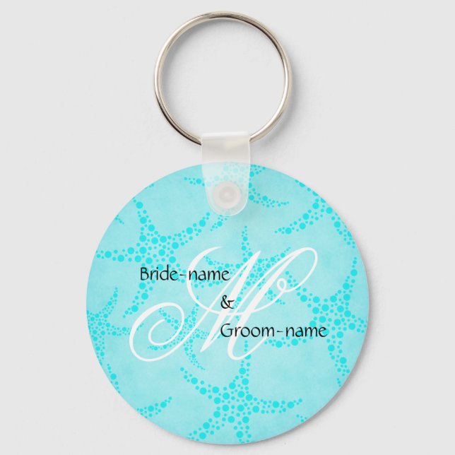 Custom Wedding Monogram Turquoise Starfish Key Ring (Front)