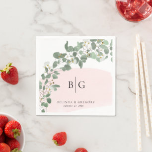 Custom Wedding Monogram Watercolor Eucalyptus Pink Napkin