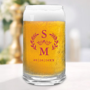 Custom Wedding Monogram Wreath Crest Magenta Red Can Glass